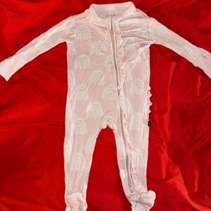 Rylee + Cru Light Pink Rainbow Ruffle Footed One-Piece